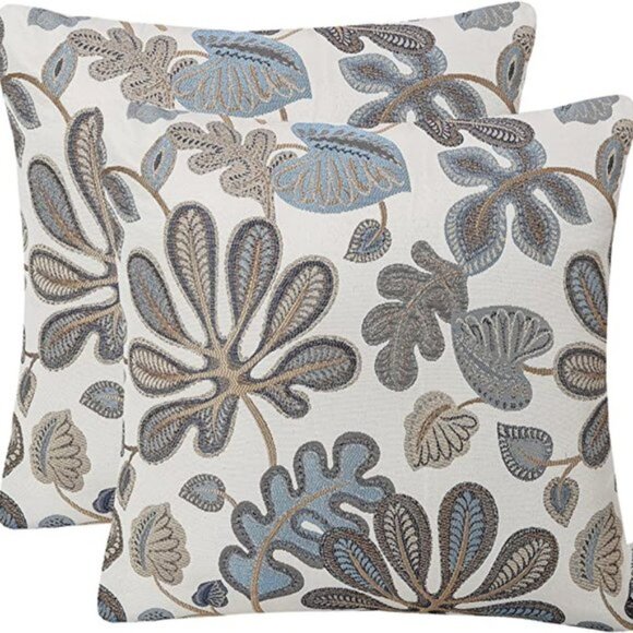 Set of 2 Jacquard Tropical Leaf Throw Pillow Covers | 20x20 | NWT | Blue & Cream - Picture 6 of 7